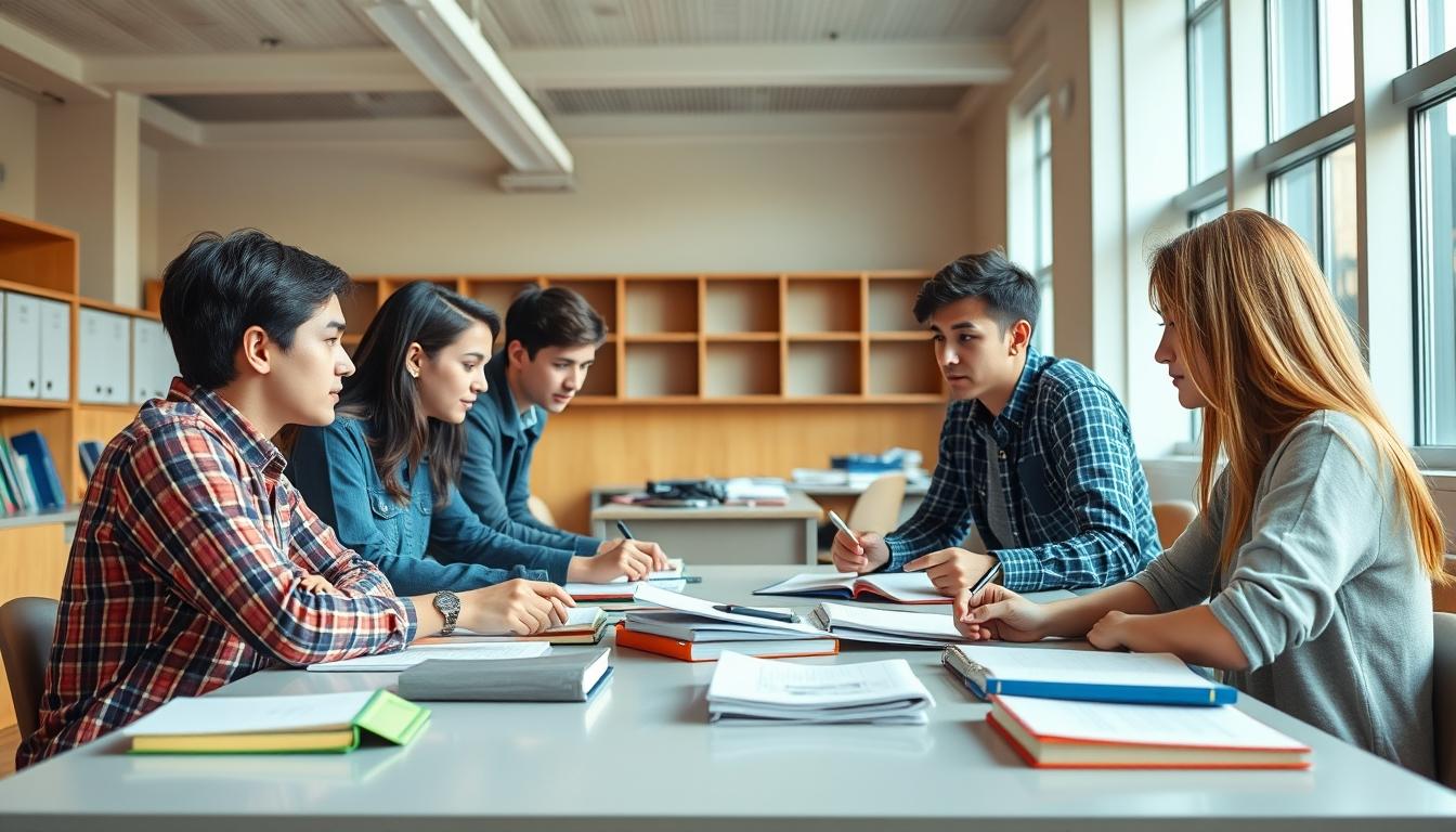 Students studying together in modern classroom